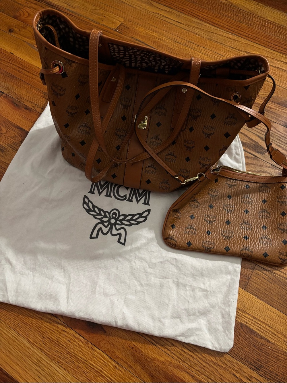 MCM Cognac Visetos Logo Tote with Matching Wristlet (Like New)